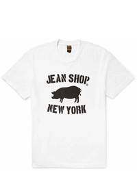 weißes und schwarzes bedrucktes T-Shirt mit einem Rundhalsausschnitt von Jean Shop