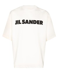 weißes und schwarzes bedrucktes T-Shirt mit einem Rundhalsausschnitt von Jil Sander