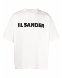 weißes und schwarzes bedrucktes T-Shirt mit einem Rundhalsausschnitt von Jil Sander