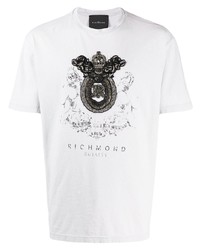 weißes und schwarzes bedrucktes T-Shirt mit einem Rundhalsausschnitt von John Richmond