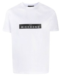 weißes und schwarzes bedrucktes T-Shirt mit einem Rundhalsausschnitt von John Richmond