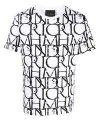 weißes und schwarzes bedrucktes T-Shirt mit einem Rundhalsausschnitt von John Richmond