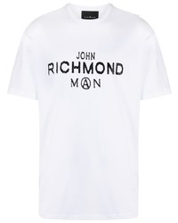 weißes und schwarzes bedrucktes T-Shirt mit einem Rundhalsausschnitt von John Richmond