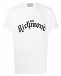 weißes und schwarzes bedrucktes T-Shirt mit einem Rundhalsausschnitt von John Richmond