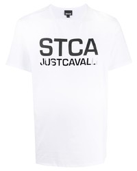 weißes und schwarzes bedrucktes T-Shirt mit einem Rundhalsausschnitt von Just Cavalli