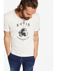 weißes und schwarzes bedrucktes T-Shirt mit einem Rundhalsausschnitt von khujo