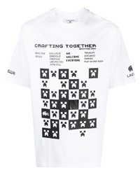 weißes und schwarzes bedrucktes T-Shirt mit einem Rundhalsausschnitt von Lacoste