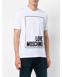 weißes und schwarzes bedrucktes T-Shirt mit einem Rundhalsausschnitt von Love Moschino