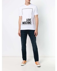 weißes und schwarzes bedrucktes T-Shirt mit einem Rundhalsausschnitt von Love Moschino