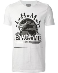 weißes und schwarzes bedrucktes T-Shirt mit einem Rundhalsausschnitt von Les Hommes