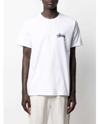 weißes und schwarzes bedrucktes T-Shirt mit einem Rundhalsausschnitt von Stussy