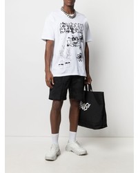 weißes und schwarzes bedrucktes T-Shirt mit einem Rundhalsausschnitt von Stussy