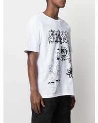 weißes und schwarzes bedrucktes T-Shirt mit einem Rundhalsausschnitt von Stussy