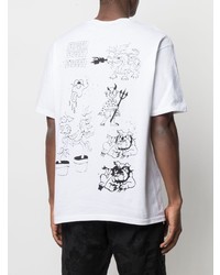 weißes und schwarzes bedrucktes T-Shirt mit einem Rundhalsausschnitt von Stussy