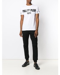 weißes und schwarzes bedrucktes T-Shirt mit einem Rundhalsausschnitt von Philipp Plein