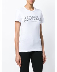 weißes und schwarzes bedrucktes T-Shirt mit einem Rundhalsausschnitt von Calvin Klein Jeans