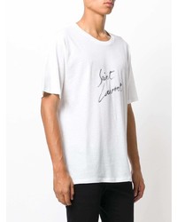 weißes und schwarzes bedrucktes T-Shirt mit einem Rundhalsausschnitt von Saint Laurent