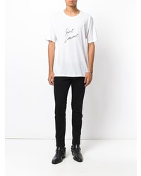 weißes und schwarzes bedrucktes T-Shirt mit einem Rundhalsausschnitt von Saint Laurent