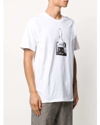 weißes und schwarzes bedrucktes T-Shirt mit einem Rundhalsausschnitt von Stussy