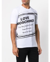 weißes und schwarzes bedrucktes T-Shirt mit einem Rundhalsausschnitt von Love Moschino