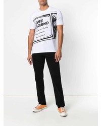 weißes und schwarzes bedrucktes T-Shirt mit einem Rundhalsausschnitt von Love Moschino