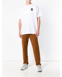 weißes und schwarzes bedrucktes T-Shirt mit einem Rundhalsausschnitt von Raf Simons X Fred Perry