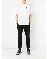 weißes und schwarzes bedrucktes T-Shirt mit einem Rundhalsausschnitt von Raf Simons X Fred Perry