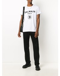 weißes und schwarzes bedrucktes T-Shirt mit einem Rundhalsausschnitt von Balmain