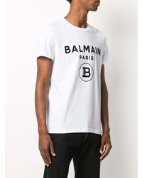 weißes und schwarzes bedrucktes T-Shirt mit einem Rundhalsausschnitt von Balmain