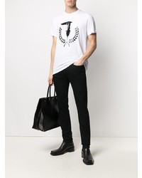 weißes und schwarzes bedrucktes T-Shirt mit einem Rundhalsausschnitt von Trussardi