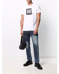 weißes und schwarzes bedrucktes T-Shirt mit einem Rundhalsausschnitt von Diesel