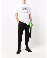 weißes und schwarzes bedrucktes T-Shirt mit einem Rundhalsausschnitt von VERSACE JEANS COUTURE