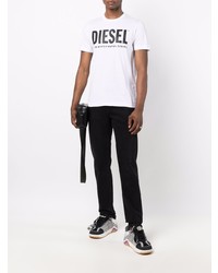 weißes und schwarzes bedrucktes T-Shirt mit einem Rundhalsausschnitt von Diesel