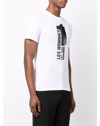 weißes und schwarzes bedrucktes T-Shirt mit einem Rundhalsausschnitt von Les Hommes