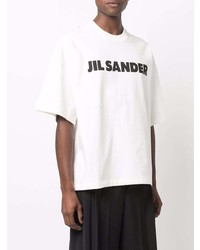 weißes und schwarzes bedrucktes T-Shirt mit einem Rundhalsausschnitt von Jil Sander