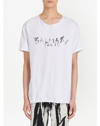 weißes und schwarzes bedrucktes T-Shirt mit einem Rundhalsausschnitt von Balmain