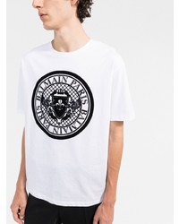 weißes und schwarzes bedrucktes T-Shirt mit einem Rundhalsausschnitt von Balmain