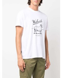 weißes und schwarzes bedrucktes T-Shirt mit einem Rundhalsausschnitt von Woolrich