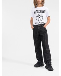 weißes und schwarzes bedrucktes T-Shirt mit einem Rundhalsausschnitt von Moschino