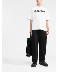 weißes und schwarzes bedrucktes T-Shirt mit einem Rundhalsausschnitt von Jil Sander