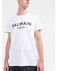 weißes und schwarzes bedrucktes T-Shirt mit einem Rundhalsausschnitt von Balmain