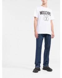 weißes und schwarzes bedrucktes T-Shirt mit einem Rundhalsausschnitt von Moschino