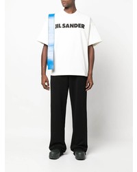 weißes und schwarzes bedrucktes T-Shirt mit einem Rundhalsausschnitt von Jil Sander