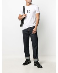 weißes und schwarzes bedrucktes T-Shirt mit einem Rundhalsausschnitt von Calvin Klein Jeans