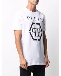 weißes und schwarzes bedrucktes T-Shirt mit einem Rundhalsausschnitt von Philipp Plein