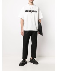 weißes und schwarzes bedrucktes T-Shirt mit einem Rundhalsausschnitt von Jil Sander