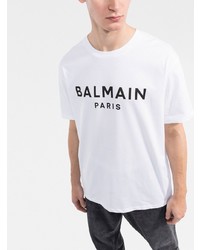 weißes und schwarzes bedrucktes T-Shirt mit einem Rundhalsausschnitt von Balmain