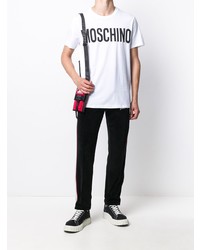 weißes und schwarzes bedrucktes T-Shirt mit einem Rundhalsausschnitt von Moschino