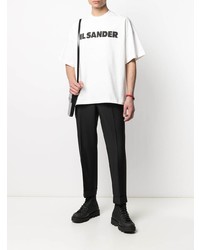 weißes und schwarzes bedrucktes T-Shirt mit einem Rundhalsausschnitt von Jil Sander