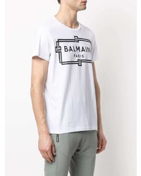 weißes und schwarzes bedrucktes T-Shirt mit einem Rundhalsausschnitt von Balmain